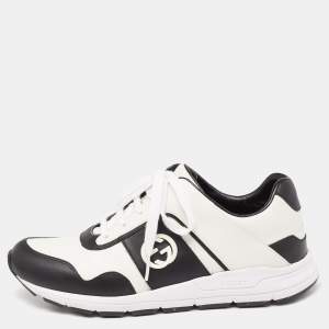 Gucci Black/White Leather Interlocking GG Lace Up Low Top Sneakers Size 38.5
