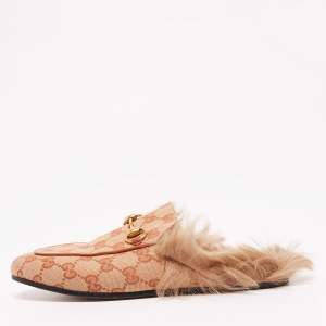 Pre Owned Gucci Beige/Brown GG Canvas And Fur Lined Princetown Flat Mule Size 36