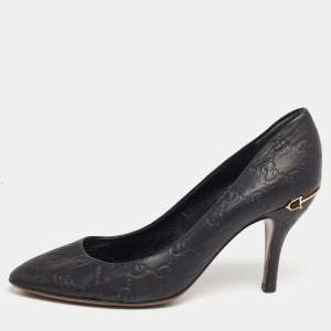 Pre Owned Gucci Black Guccissima Leather Adina Horsebit Pumps Size 37.5