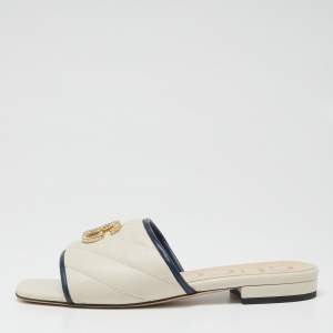 Pre Owned Gucci Cream/Blue Quilted Leather Double G Slide Flat Sandals Size 36