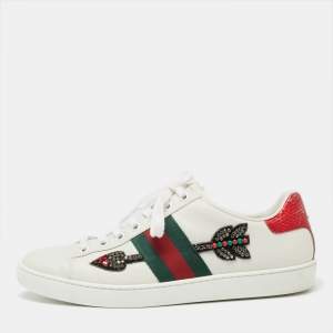 Pre Owned حذاء رياضي غوتشي إيس أرو  جلد نقشة الثعبان وجلد أبيض بعنق منخفض مقاس 36.5