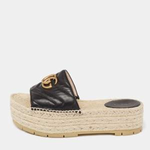 Pre Owned Gucci Black Leather GG Logo Platform Espadrille Sandals Size 38