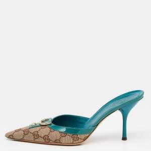 Pre Owned Gucci Beige/Turquoise GG Canvas And Patent Leather D Ring Pointed Toe Mules Size 36.5