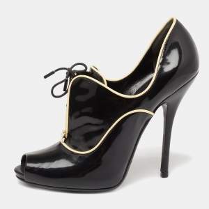Pre Owned Gucci Black Patent Leather Newton Peep-Toe Ankle Booties Size 39.5