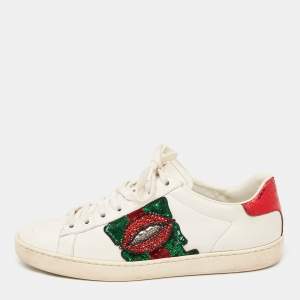 Gucci White Leather Sequins And Crystal Lips Ace Low Top Sneakers Size 37