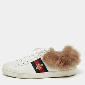 Gucci White Leather and Fur Ace Embroidered Bee Low Top Sneakers Size 40.5