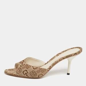 Gucci Beige/Brown Horsebit Print Canvas Slide Sandals Size 37