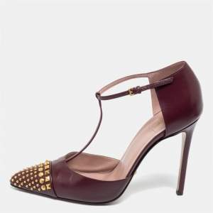 Pre Owned Gucci Burgundy Leather Studded Cap-Toe T-Strap Pumps Size 39
