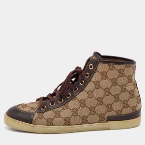 Gucci Beige/Brown Leather And GG Supreme Canvas High Top Sneakers Size 37