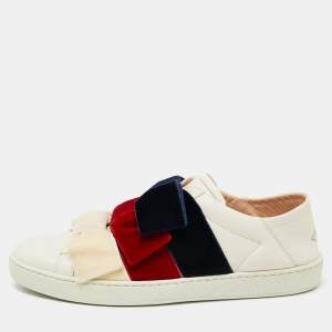 Gucci Cream Leather And Velvet Bow  Ace Slip On Sneakers Size 37.5