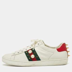 Gucci White Leather And Python Embossed Leather Web Detail Ace Pearl Spike Low Top Sneakers Size 38