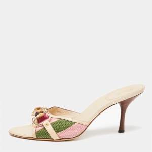 Pre Owned Gucci Multicolor Canvas and Leather Bamboo Horsebit Slide Sandals Size 37