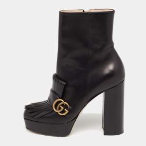 Pre Owned Gucci Black Leather GG Marmont Fringe Ankle Boots Size 40 