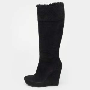 Pre Owned Gucci Black Microguccissima Suede And Fur Courtney Platform Wedge Knee High Boots Size 39.5