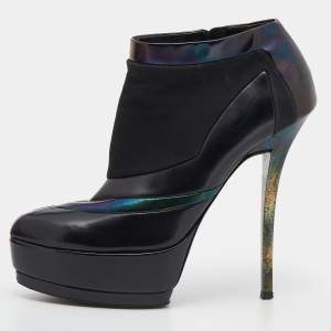 Pre Owned Gucci Black Holographic Leather And Suede Platform Ankle Length Boots Size 37