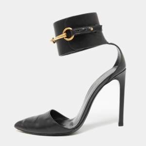 Gucci Black  Leather Horsebit Ankle Strap Sandals  Size 37.5