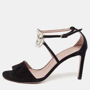 Pre Owned صندل غوتشي جي جي سويدي أسود مزخرف كريستال بحزام للكاحل مقاس 36.5