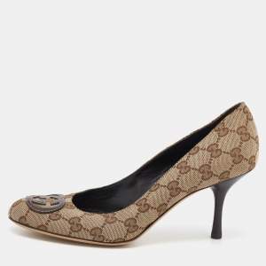 مملوكة مسبقًا حذاء كعب عالي غوتشي كانفاس جي جي بني / بيج حرف جي متشابك مقاس 37