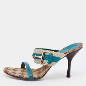 Gucci Turquoise Blue/Off White Leather And Web Tape Slide Sandals Size 36
