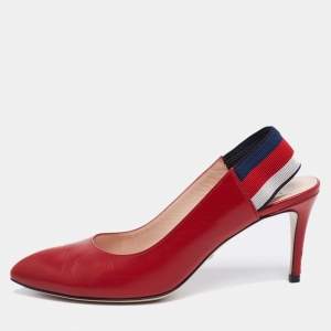 Pre Owned Gucci Red Leather Sylvie Web Slingback Pumps Size 37.5