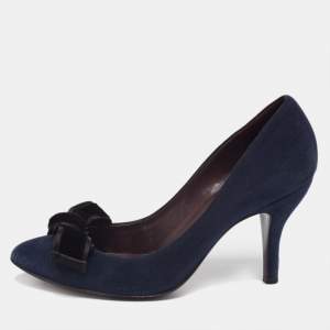 Gucci Navy Blue Suede Bow Round Toe Pumps Size 36.5