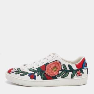 Pre Owned Gucci White Floral Embroidered Leather Ace Low Top Sneakers Size 37