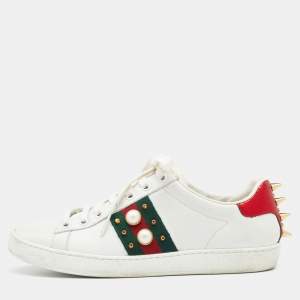 Gucci White Leather Studded Web Ace Sneakers Size 35.5