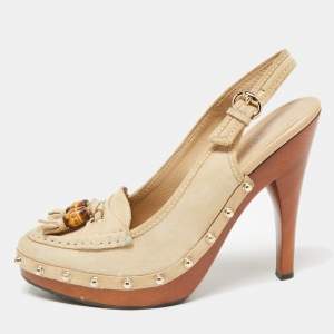 Gucci Beige Suede Bamboo Tassel Loafer Slingback Clogs Size 37.5