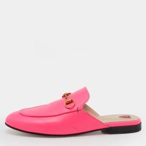 مملوكة مسبقًا Gucci Neon Pink Leather Princetown Horsebit Flat Mules Size 36.5