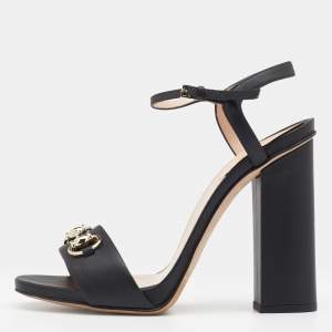 Pre Owned Gucci Black Leather Horsebit Ankle Strap Block Heel Sandals Size 38.5
