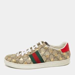 Gucci Beige GG Supreme Bee Print  Canvas Ace Low Top Sneakers Size 39.5