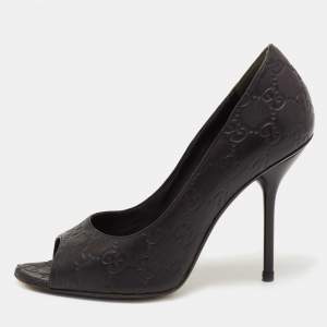 Gucci Black Guccissima Leather Open Toe Pumps Size 38