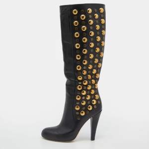 Gucci Black Leather Babouska Studded Mid Calf Length Boots Size 36