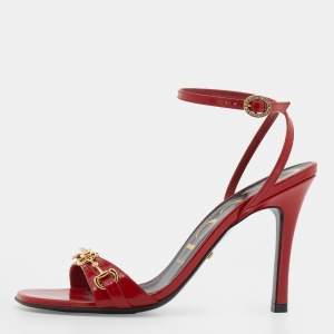 Pre Owned Gucci Red Leather Moorea Ankle Strap Sandals Size 37