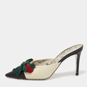 Pre Owned حذاء مولز غوتشي سلاي جان جلد أسود/ كريمي مزين فيونكة شريط ويب مقاس 36