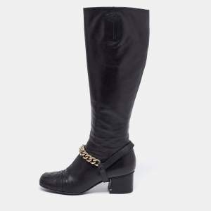 Pre Owned Gucci Black Leather Interlocking G Stitch Detail Calf Boots Size 35.5