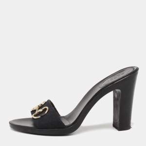Gucci Black GG Canvas Horsebit Block Heel Slide Sandals Size 39