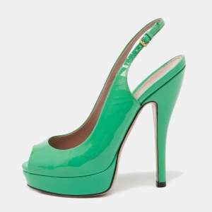 Gucci Green Patent Leather Sofia Platform Peep Toe Ankle Strap Sandals Size 35.5