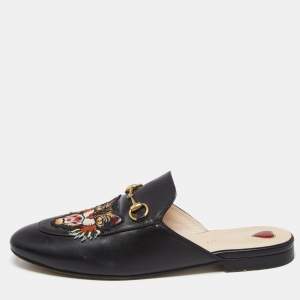 Pre Owned حذاء مولز غوتشي فلات برنستاون جلد أسود مطرز نمر شعار هورسبيت مقاس 39.5