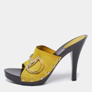 Gucci Yellow Suede Icon Bit Clog Sandals Size 40.5