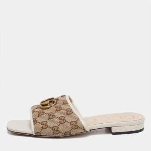 Pre Owned صندل غوتشي جي جي مارمون جلد وكانفاس حي حي بيج/كريمي مقاس 37.5