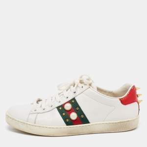 Gucci White Leather And Python Embossed  Ace Web Faux Pearl Embellished Low Top Sneakers Size 38