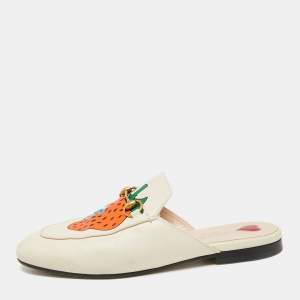 Pre Owned Gucci Cream Leather Strawberry Princetown Horsebit Flat Mules Size 37