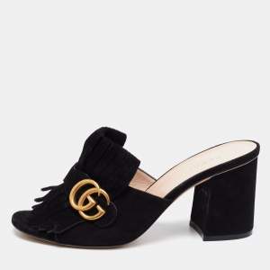 Pre Owned صندل سلايد غوتشي GG مارمونت سويدي أسود بشراشيب مقاس 38