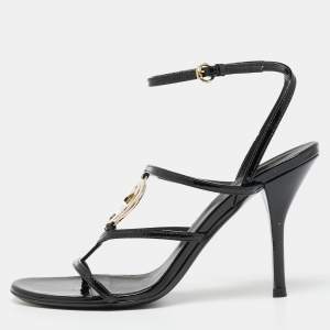 Gucci Black Patent Leather Interlocking G Ankle-Strap Sandals Size 38