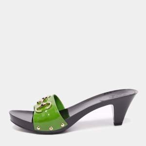 Gucci Green Patent Leather Horsebit Slide Sandals Size 38