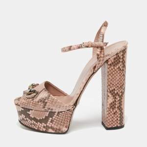 Pre Owned صندل غوتشي هورسبيت جلد ثعبان بني/وردي كعب مربع سميك بحزام للكاحل مقاس 38