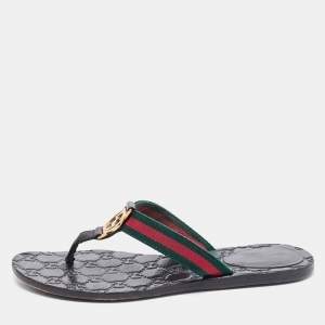 مملوكة مسبقًا Gucci Black Leather And Web Interlocking G Thong Flats Size 37