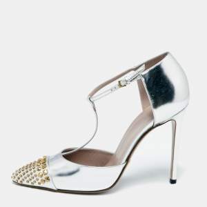 Pre Owned Gucci Silver Leather Coline Studded Cap-Toe T-Strap Pumps Size 39