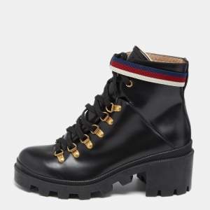 Pre Owned Gucci Black Leather Sylvie Leather Lace Up Boots Size 38